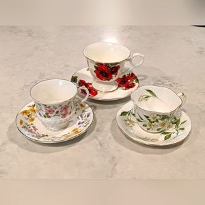 Set of 3 Sheringham, Royal Albert England & Gracie Made in China 3 Teacup & 3 Sa